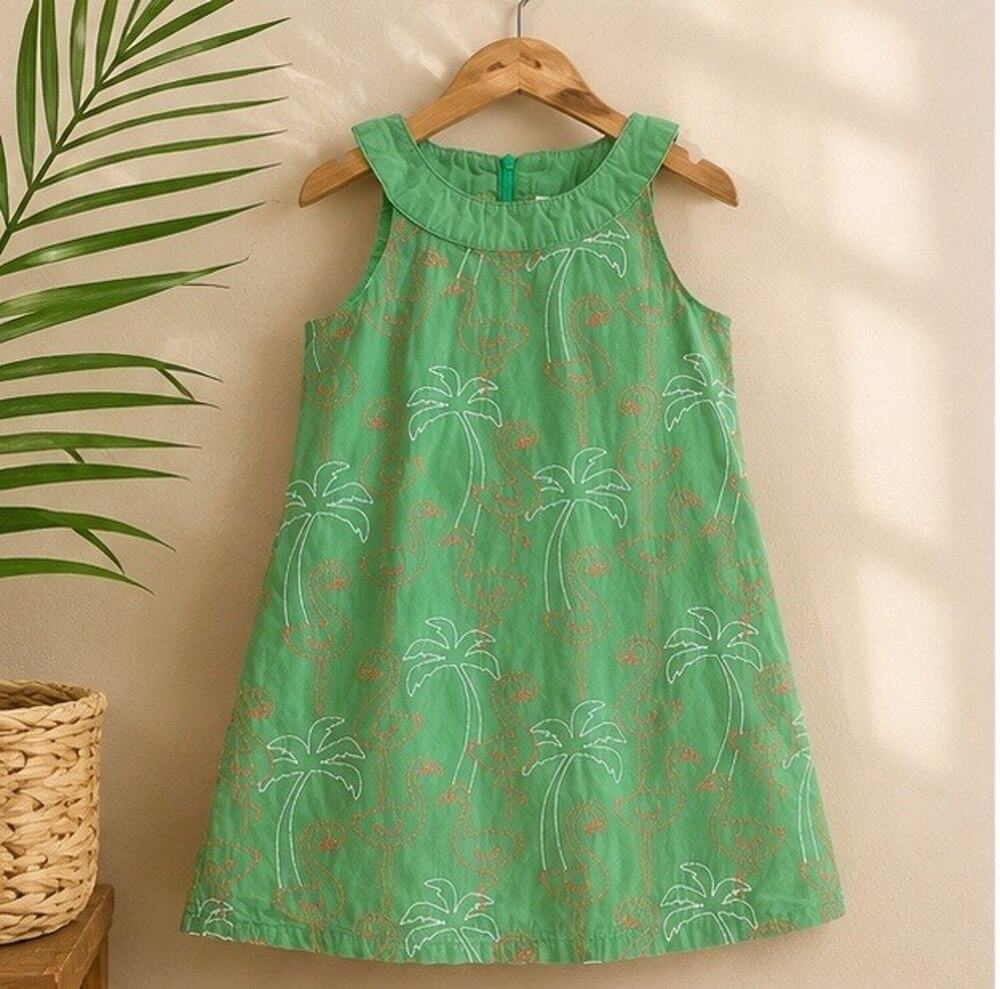Gymboree 3T Sleeveless Summer Dress Green Embroidered Flamingo Palm Tree Y2K